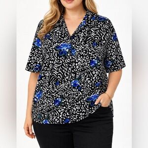 Black White Blue Abstract Floral Button Top Size 2X